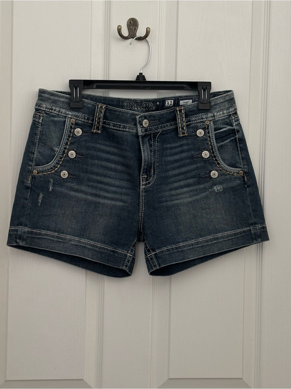 Miss Me Dark Indigo Distressed Denim Shorts Women 31 Blue Y2K Western Cowgirl